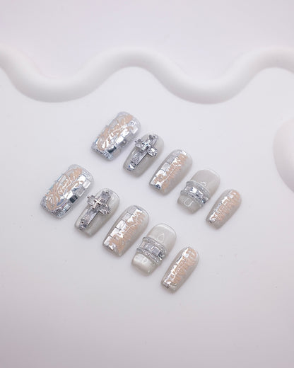 Mid-Long Coffin 3D Silver Cross Studded Press On Nails