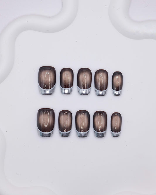 Mid-Long Coffin Brown Cat Eye Silver French Press On Nails
