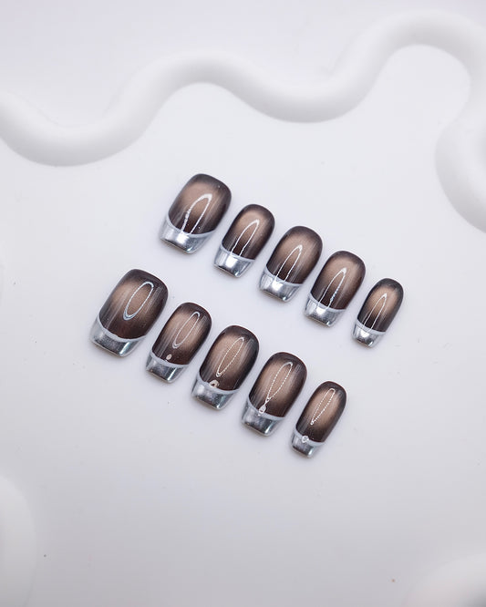 Mid-Long Coffin Brown Cat Eye Silver French Press On Nails