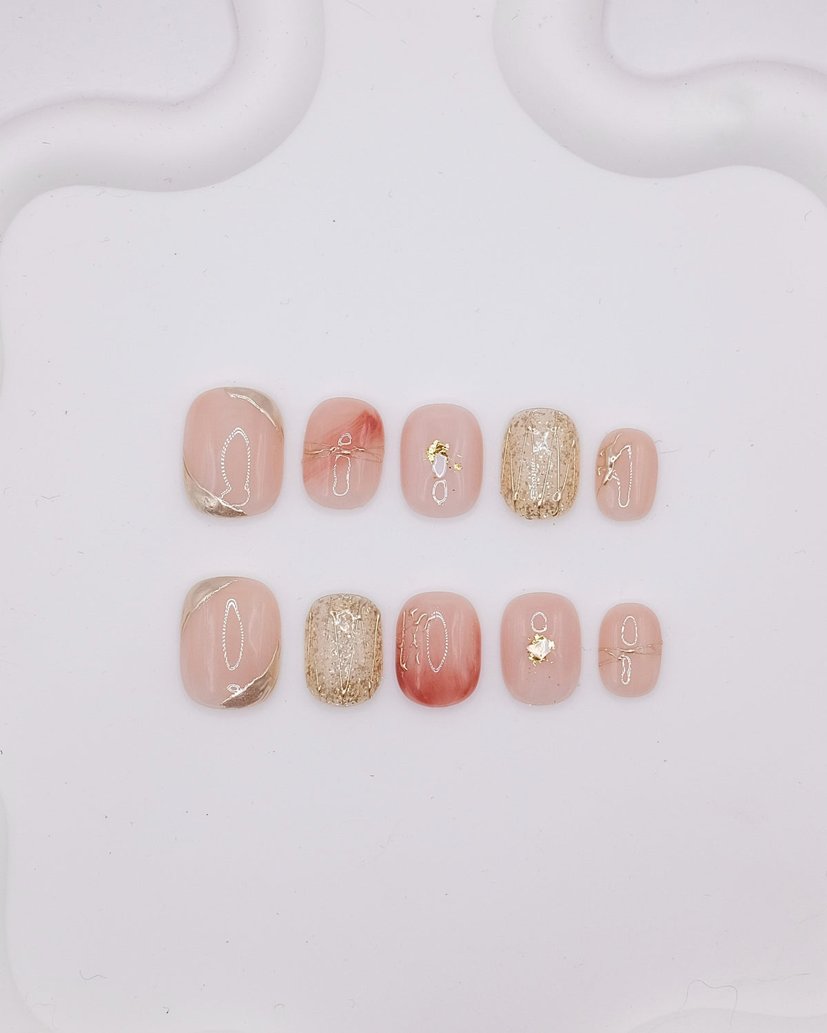 Short Rounded Nude Pink Gold Foil Glitter Press On Nails