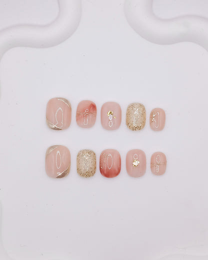 Short Rounded Nude Pink Gold Foil Glitter Press On Nails