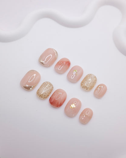 Short Rounded Nude Pink Gold Foil Glitter Press On Nails