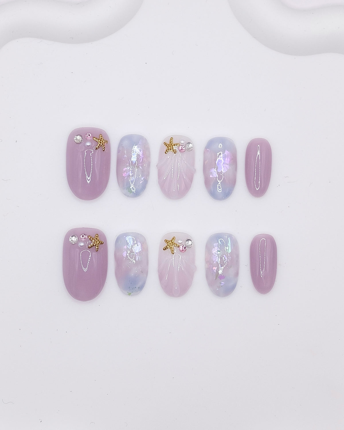 Mid-Long Oval 3D Mauve Shell Starfish Press On Nails