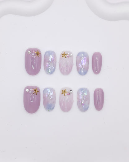 Mid-Long Oval 3D Mauve Shell Starfish Press On Nails