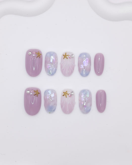 Mid-Long Oval 3D Mauve Shell Starfish Press On Nails