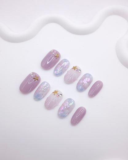 Mid-Long Oval 3D Mauve Shell Starfish Press On Nails