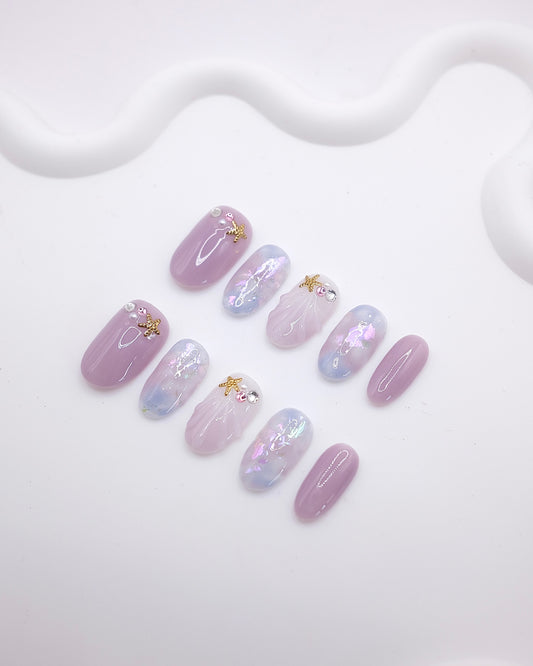 Mid-Long Oval 3D Mauve Shell Starfish Press On Nails