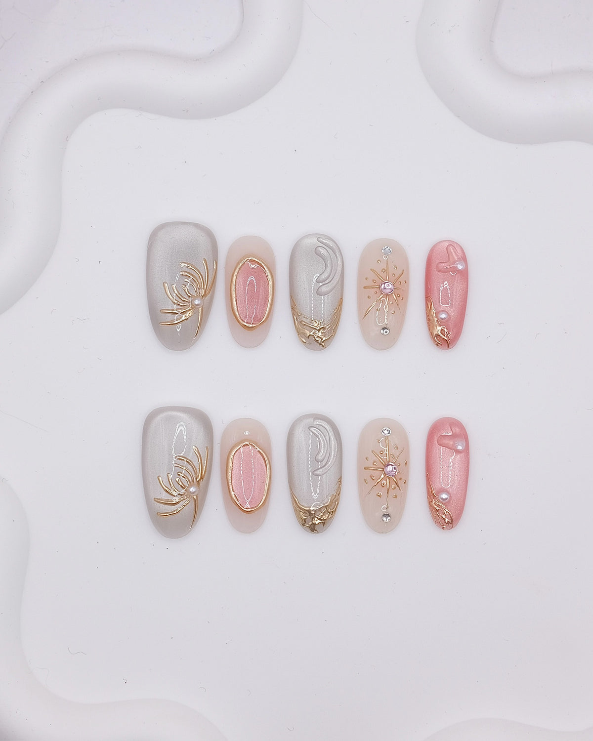 Long Almond 3D Grey Pink Gold Floral Pearl Press On Nails