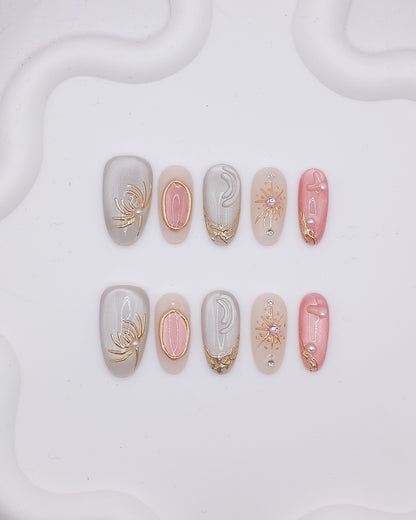 Long Almond 3D Grey Pink Gold Floral Pearl Press On Nails
