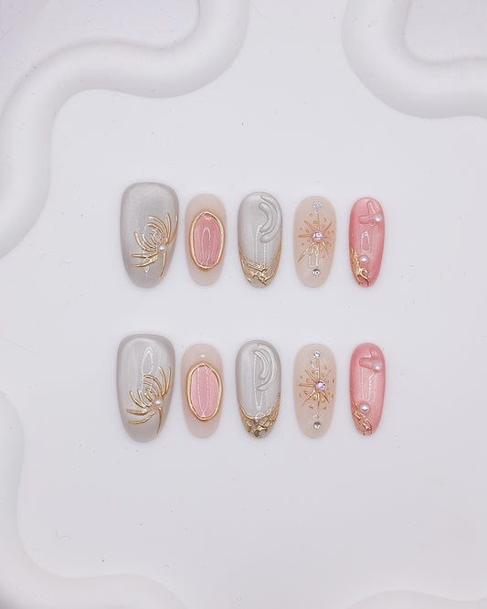 Mid-Long Almond 3D Grey Pink Gold Floral Pearl Press On Nails