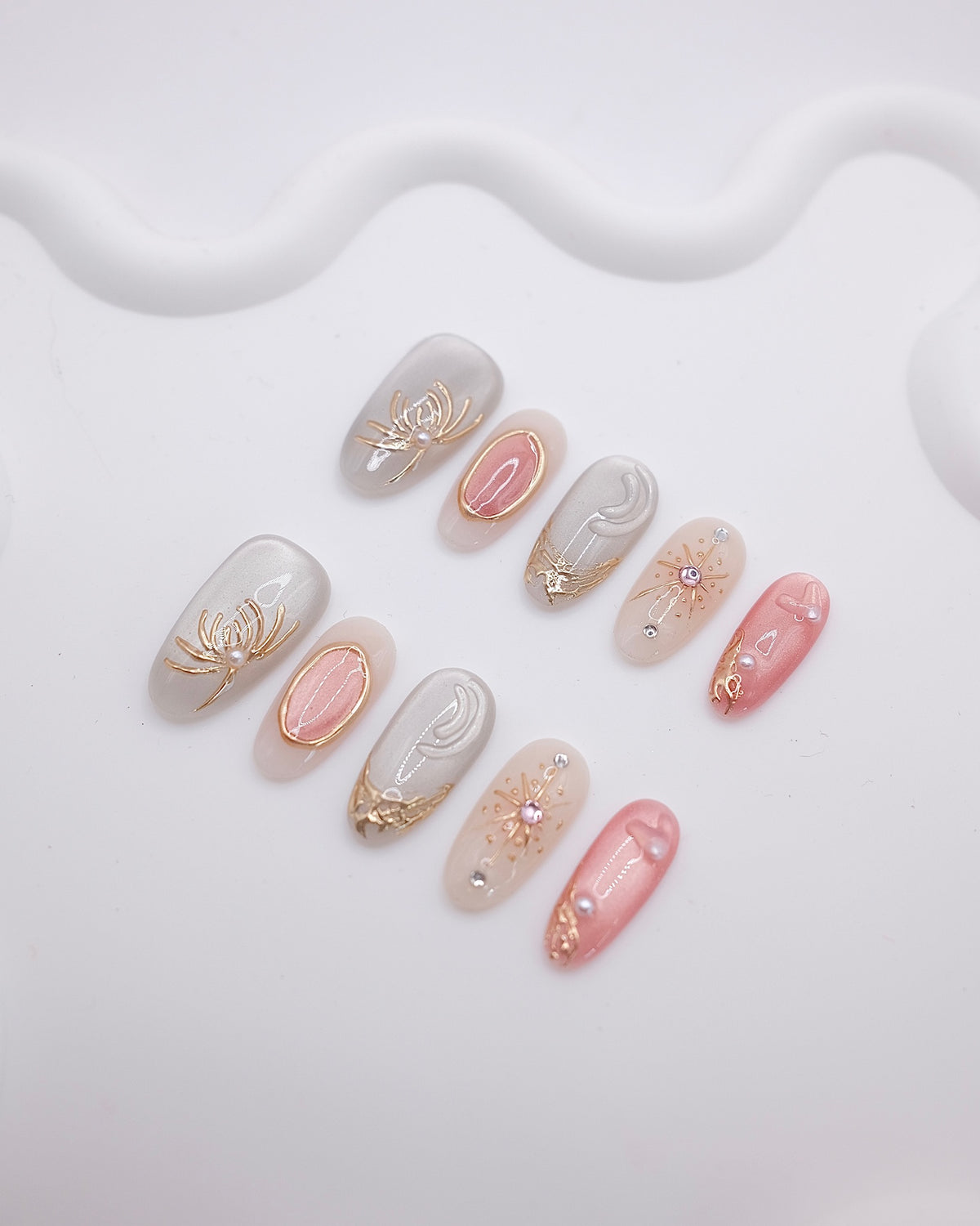 Long Almond 3D Grey Pink Gold Floral Pearl Press On Nails