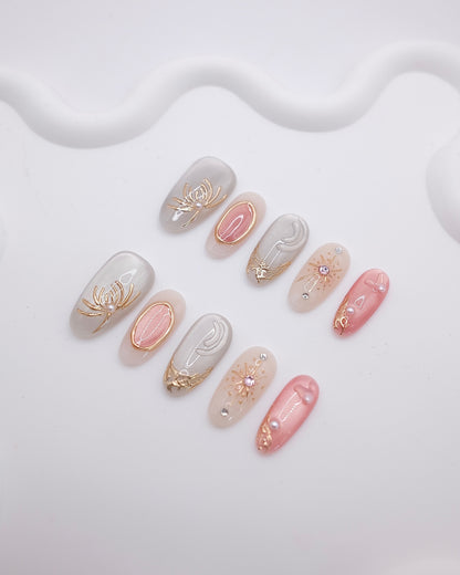 Long Almond 3D Grey Pink Gold Floral Pearl Press On Nails