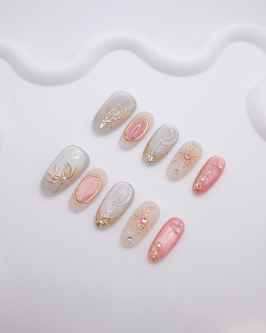 Mid-Long Almond 3D Grey Pink Gold Floral Pearl Press On Nails