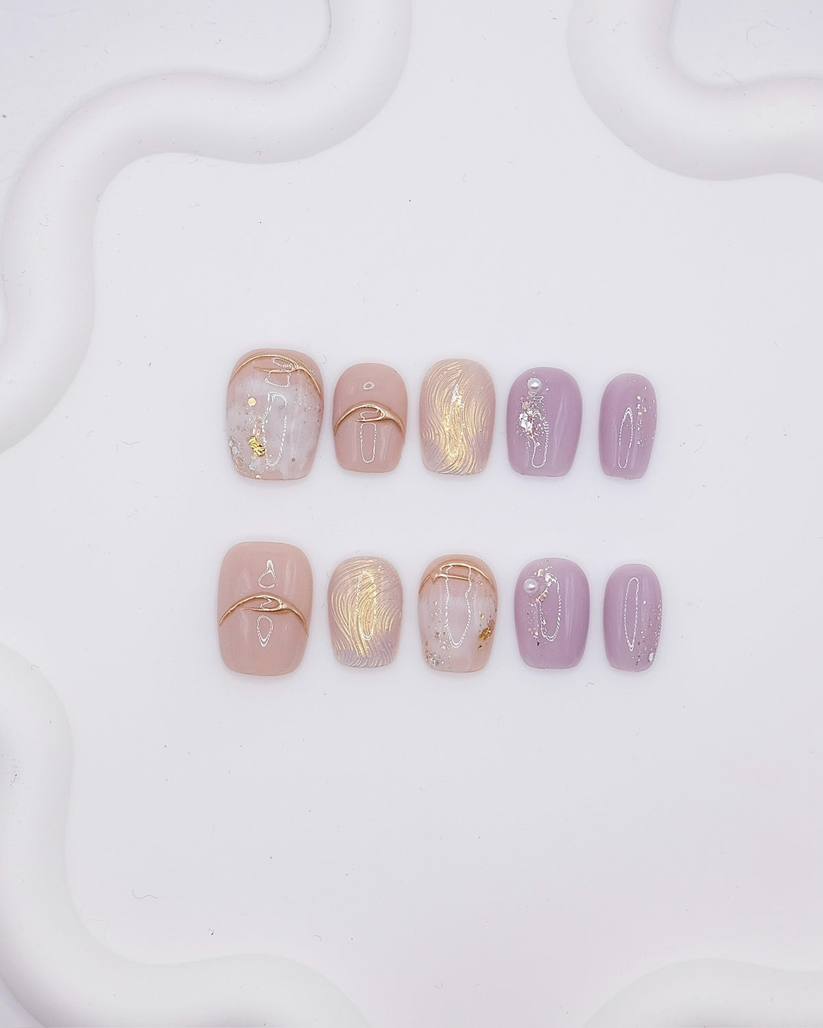 Short Coffin 3D Nude Purple Gold Wave Pearl Press On Nails