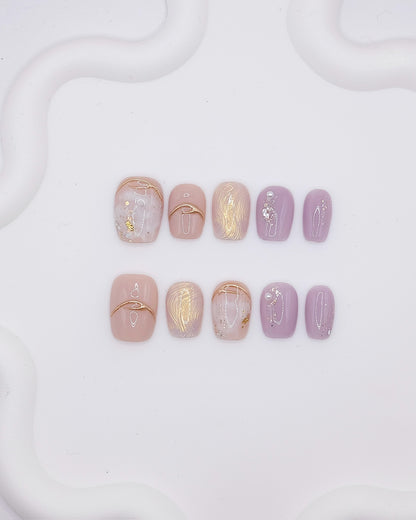 Short Coffin 3D Nude Purple Gold Wave Pearl Press On Nails