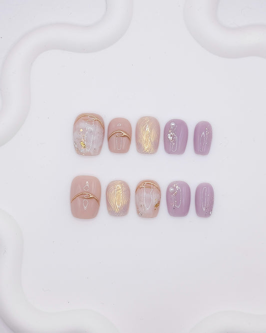 Short Coffin 3D Nude Purple Gold Wave Pearl Press On Nails