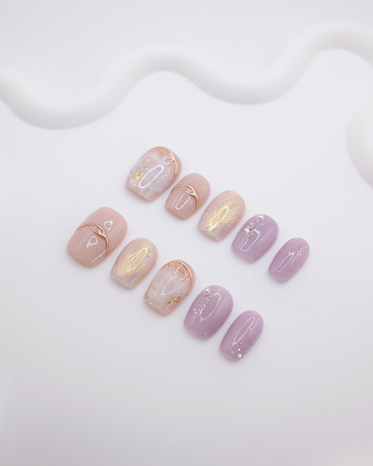 Short Coffin 3D Nude Purple Gold Wave Pearl Press On Nails