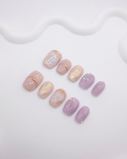 Short Coffin 3D Nude Purple Gold Wave Pearl Press On Nails