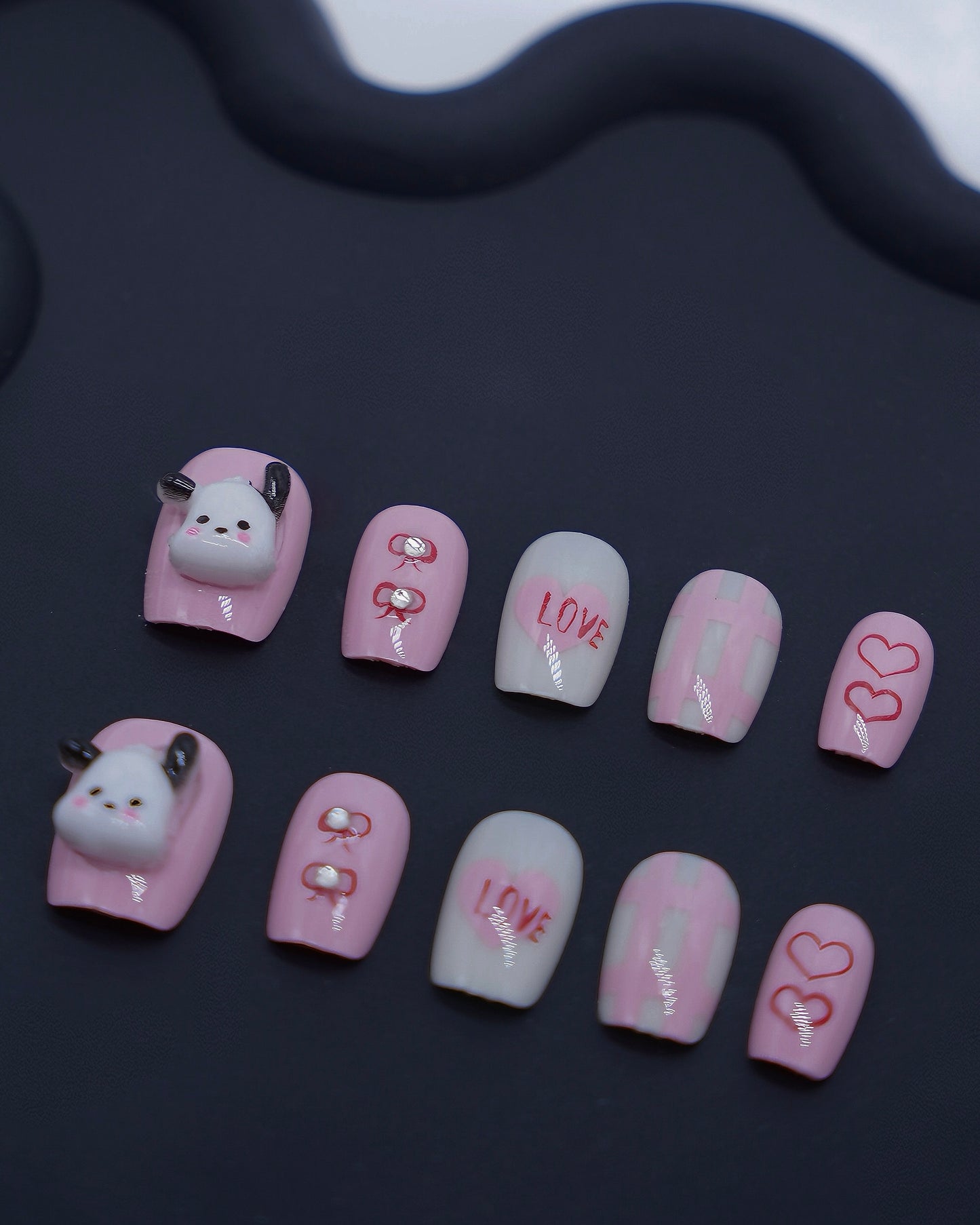 Short Coffin Pink Cute Dog 3D Accessories & Diamond Press On Nails