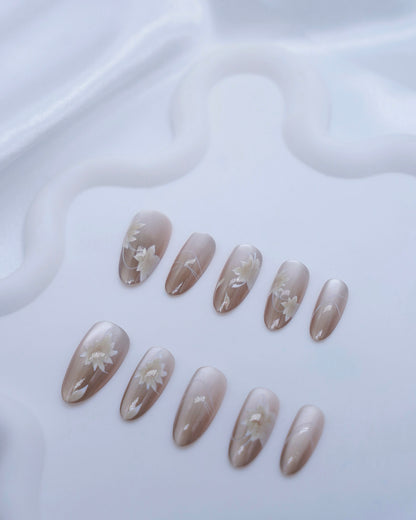 Mid-Long Almond Cateye Nude Color Flower Press On Nails