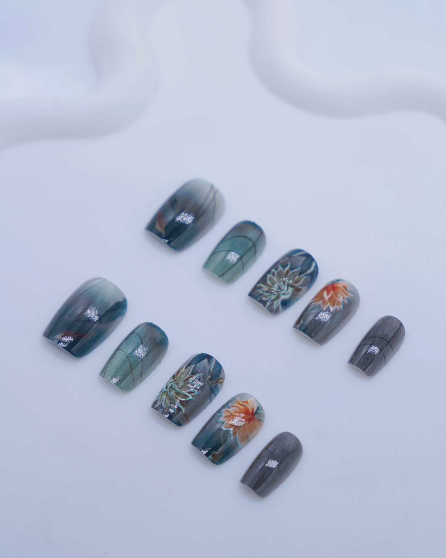 Short Coffin Orion Blue Embossed Lotus Press On Nails