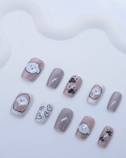 Short Coffin Cateye Brown & White Embossed Cute Puppy Press On Nails