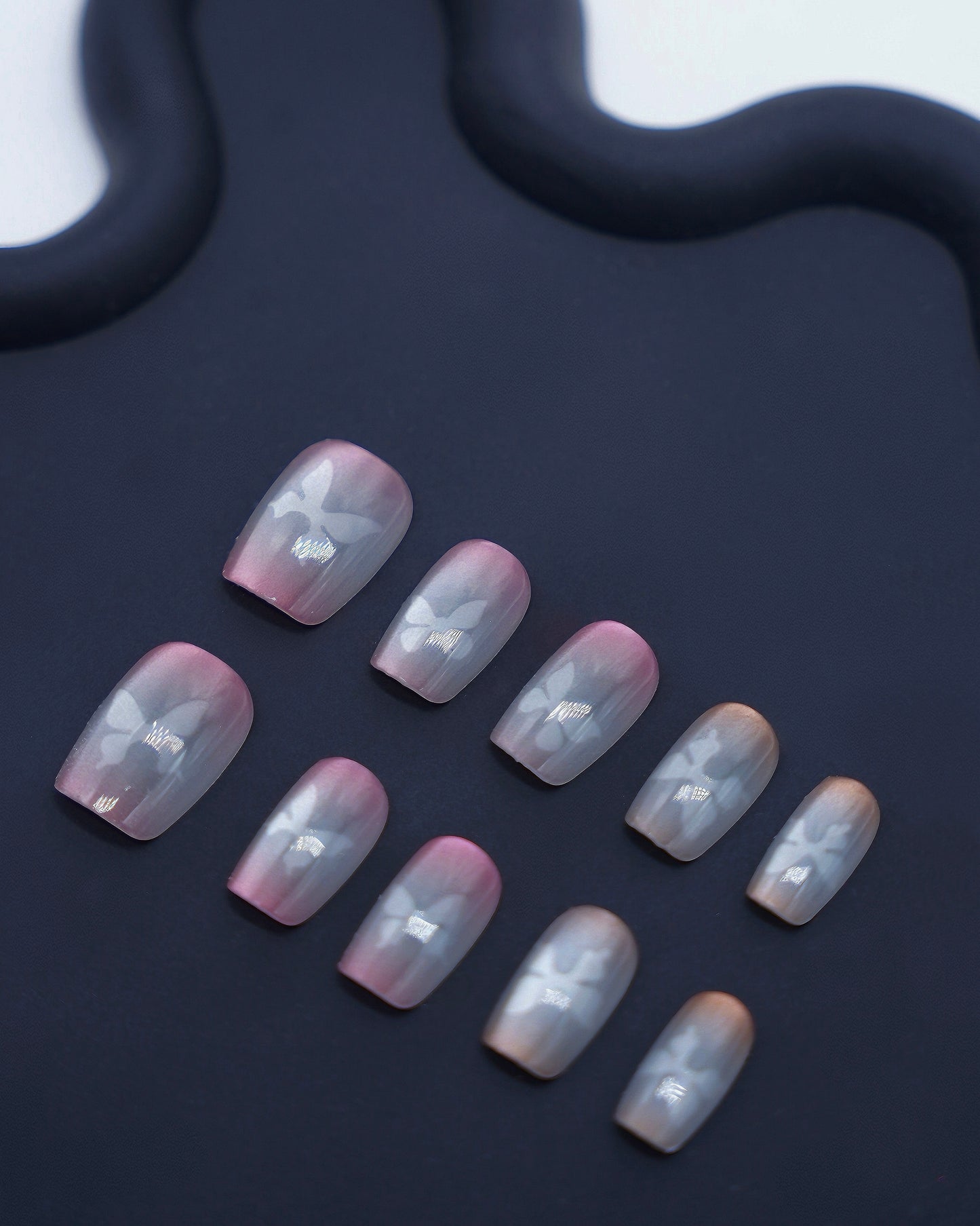 Short Coffin Cateye Gradient Pink Butterfly Press On Nails