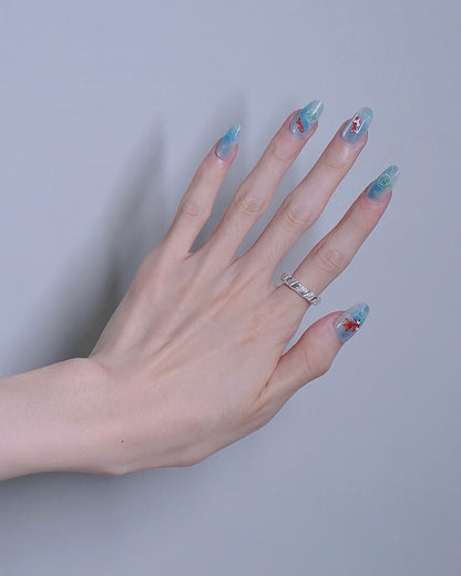 Mid-Long Oval Blue Embossed Goldfish Press On Nails