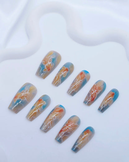 Mid-Long Coffin Blue & Orange Embossed Goldfish Press On Nails