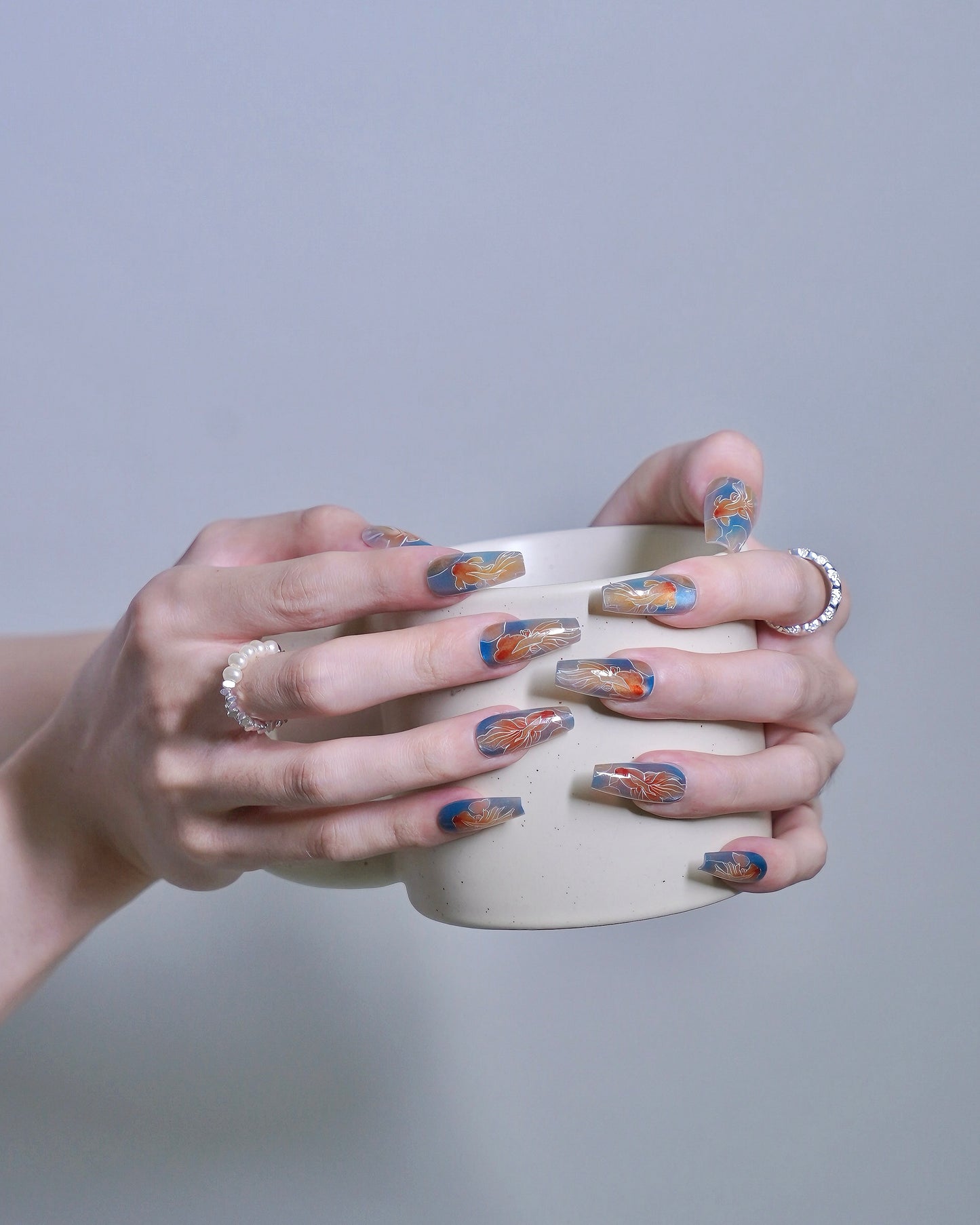 Mid-Long Coffin Blue & Orange Embossed Goldfish Press On Nails