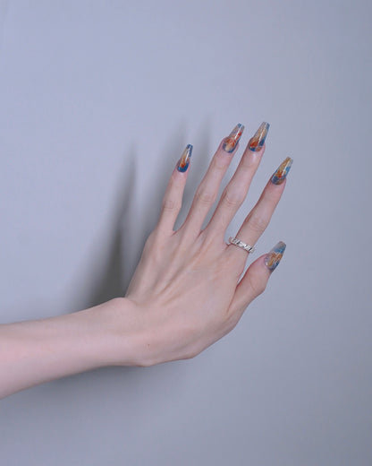 Mid-Long Coffin Blue & Orange Embossed Goldfish Press On Nails