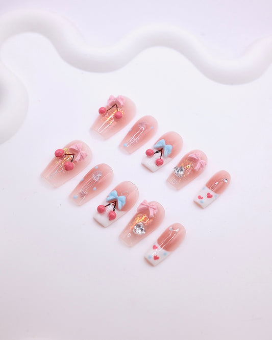 Mid-Long Coffin 3D Pink Blue Bow Cherry Heart Gem Press On Nails