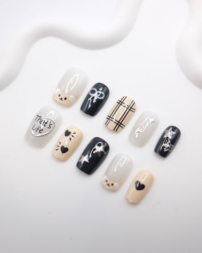 Short Coffin Black & White Sweet Cool Puppy 3D Embossed Press-On Nails
