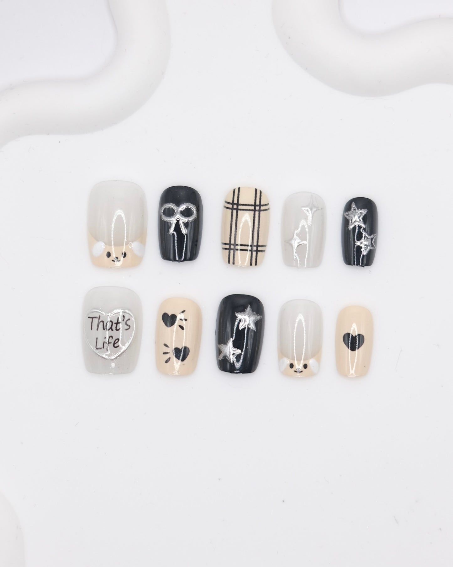 Short Coffin Black & White Sweet Cool Puppy 3D Embossed Press-On Nails