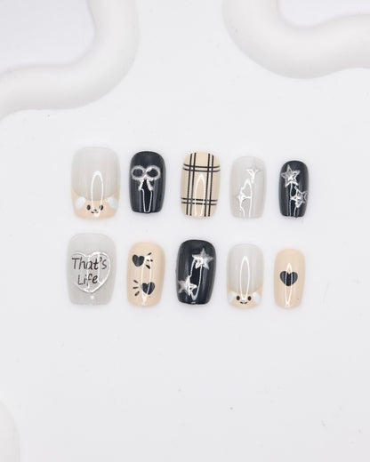 Short Coffin Black & White Sweet Cool Puppy 3D Embossed Press-On Nails