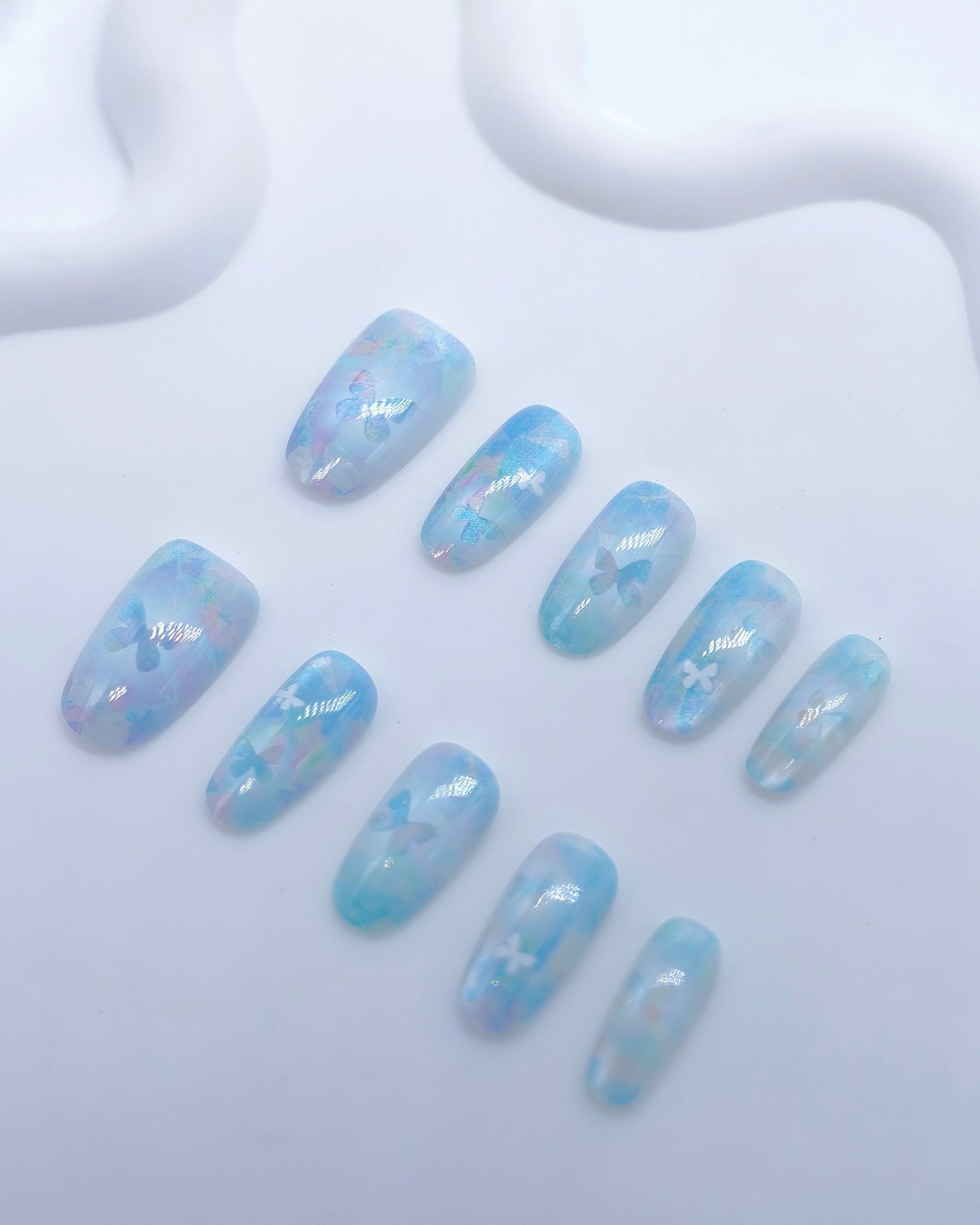 Mid-Long Oval Kaleidoscope Blue Butterfly Press On Nails