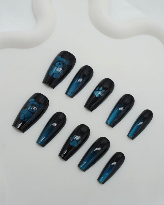 Long Coffin Cateye Cute Bear Gradient Black & Blue Press On Nails