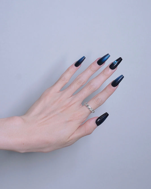 Long Coffin Cateye Cute Bear Gradient Black & Blue Press On Nails