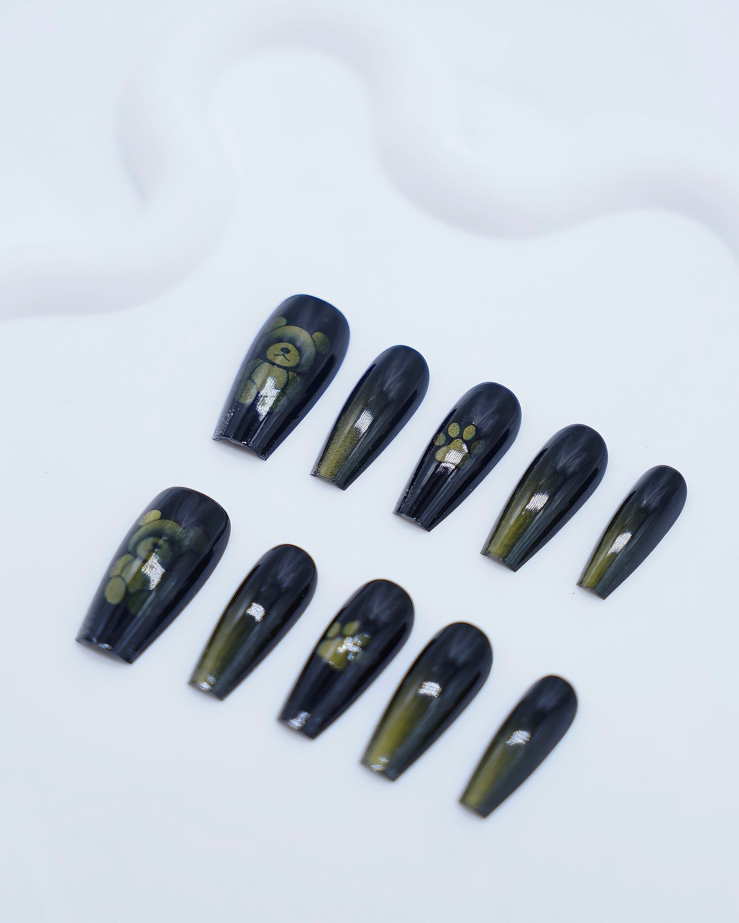 Long Coffin Cateye Cute Bear Gradient Black & Gold Press On Nails