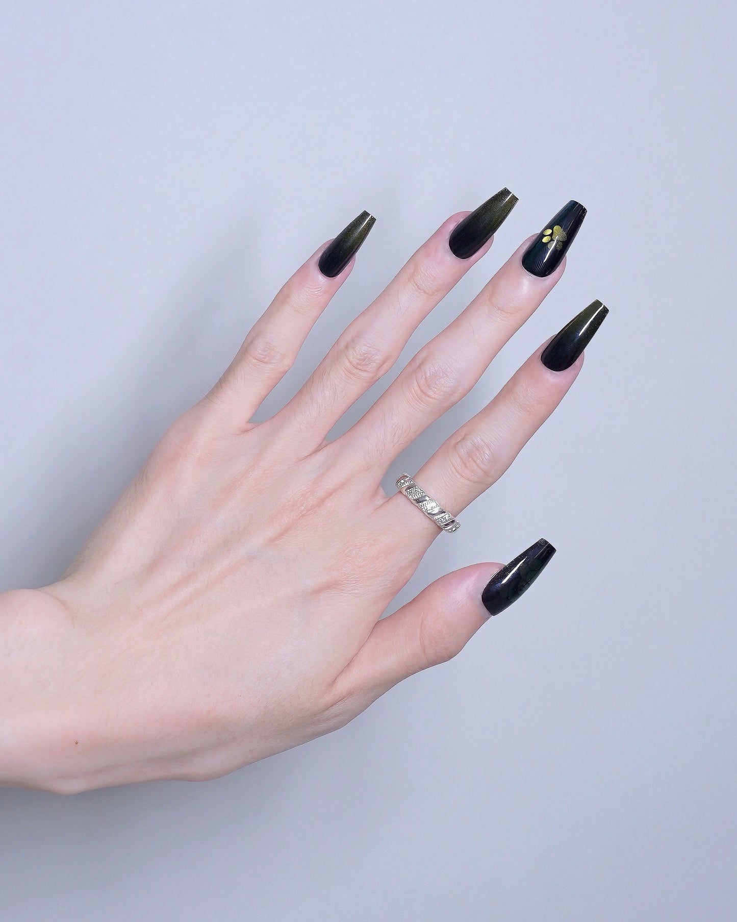 Long Coffin Cateye Cute Bear Gradient Black & Gold Press On Nails