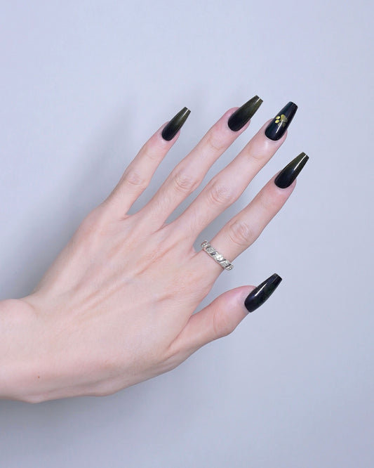 Long Coffin Cateye Cute Bear Gradient Black & Gold Press On Nails