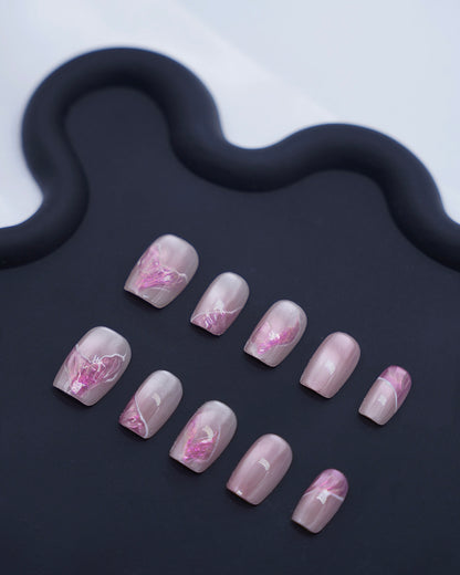 Short Coffin Cateye Pink Embossed Butterfly Press On Nails