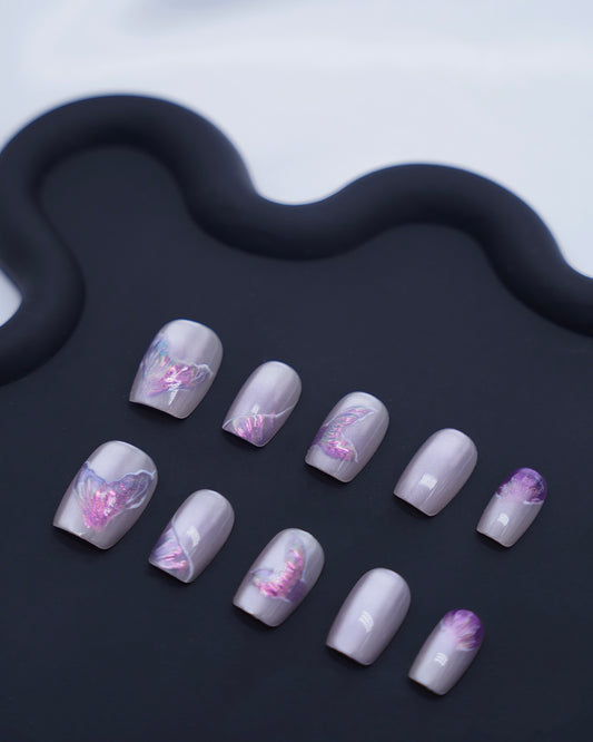 Short Coffin Cateye Purple Embossed Butterfly Press On Nails