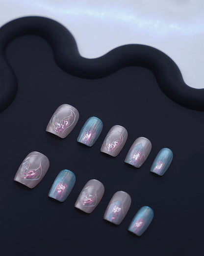 Short Coffin Cateye Mirror Effects Blue Embossed Butterfly Press On Nails