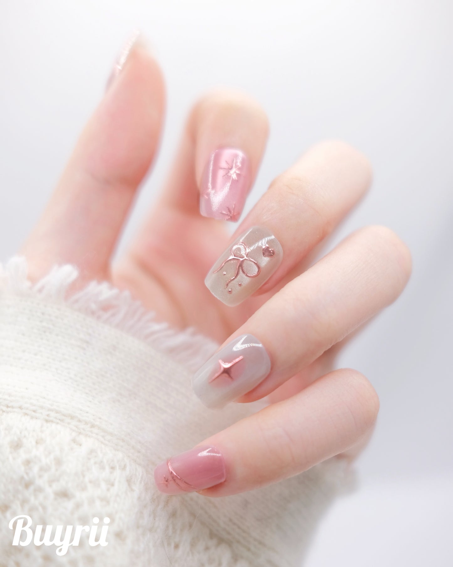 Short Coffin Pink & Nude Dreamy Bowtie Press On Nails