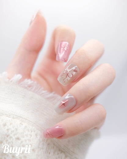 Short Coffin Pink & Nude Dreamy Bowtie Press On Nails