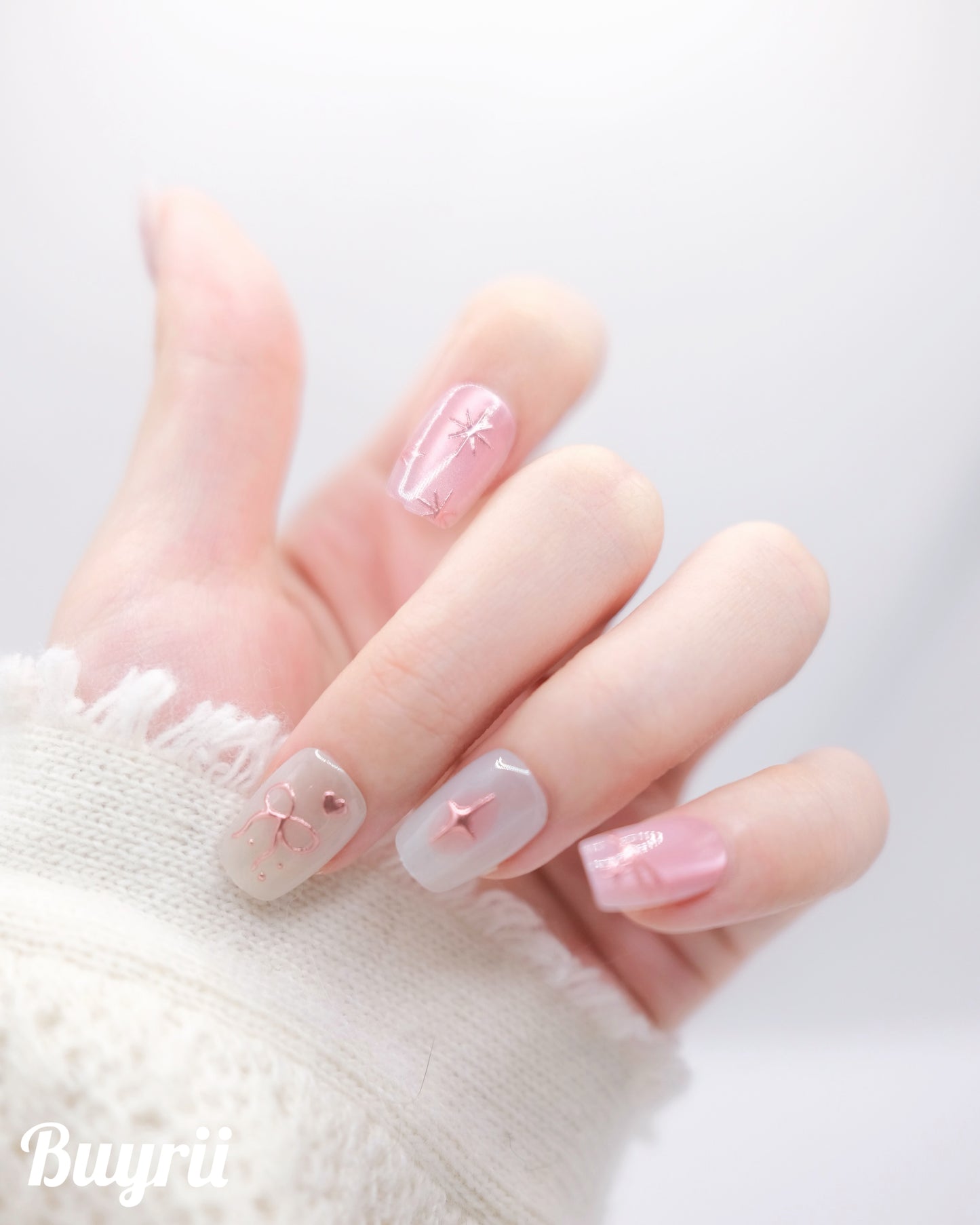 Short Coffin Pink & Nude Dreamy Bowtie Press On Nails