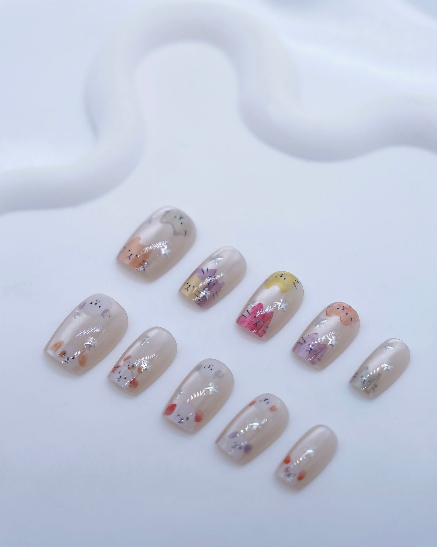 Short Coffin Cateye Nude Color Embossed Cute Cat & Puppy Press On Nails