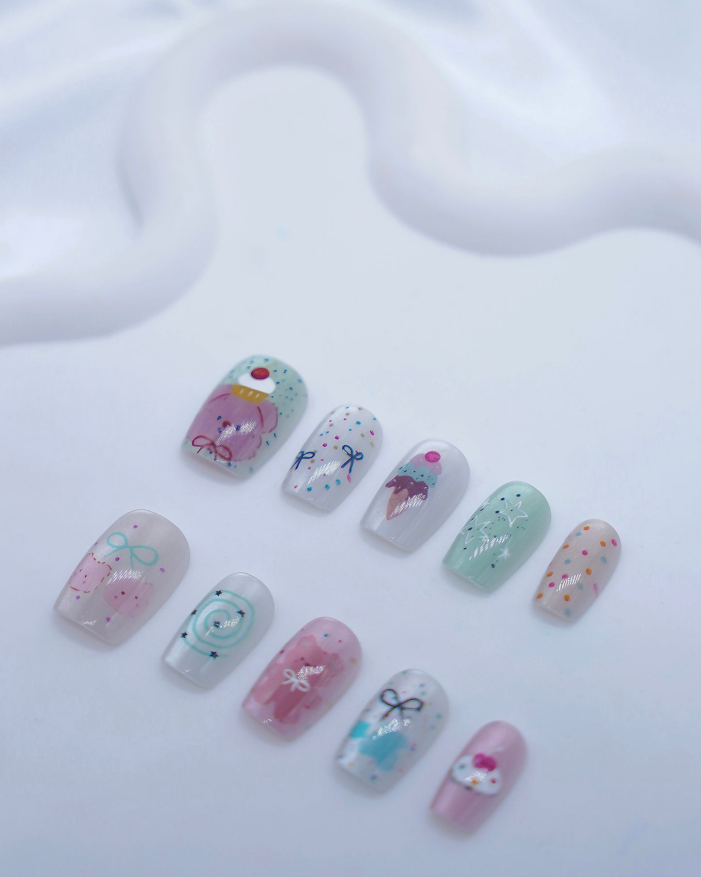 Short Coffin Cateye Cute Colorful Bear & Ice cream Press On Nails