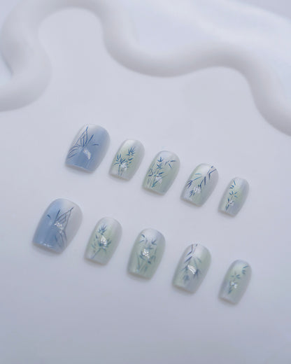 Short Coffin Cateye Blue & Jade Foliage Press On Nails